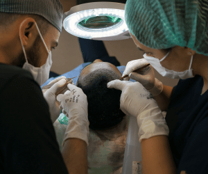 a man getting a hair transplant treatment in Thailand by two Thai expert doctors